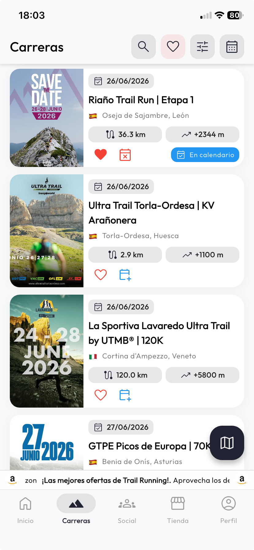 Social Trail — Pantalla de agenda de carreras